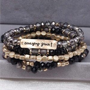 Amazing Grace Beaded Bracelet Set - Black and Gold